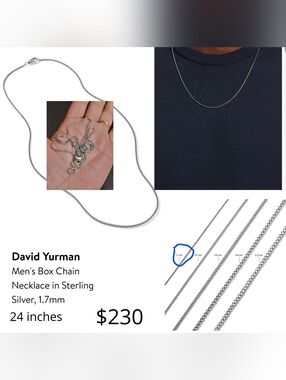 David Yurman Sterling Silver Box Chain Necklace - Silver. #002
